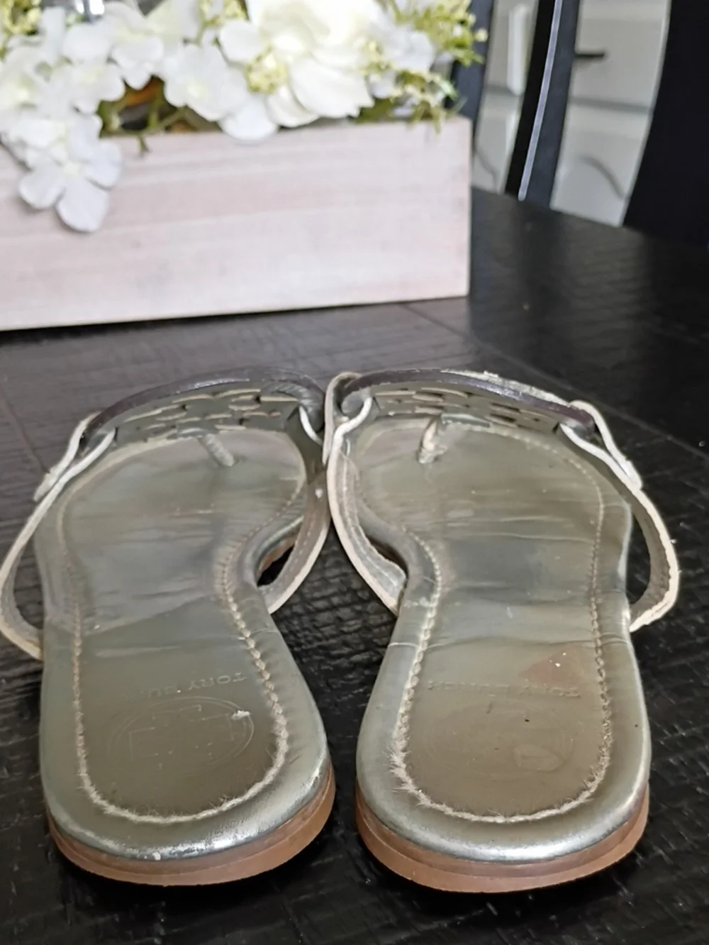 Tory Burch Miller Silver Logo Thong Sandals